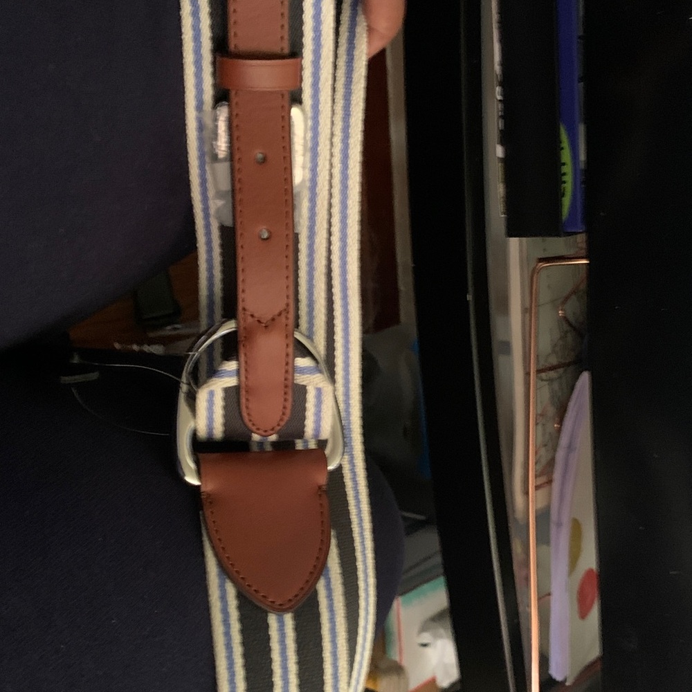 Ralph Lauren Striped Navy, Blue & White Bend-Back Belt with Brown Leather Trim - Picture 3 of 4